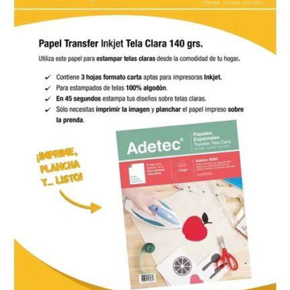 ADETEC - Papel Transfer Telas Claras Carta X 3 Hojas - 8085