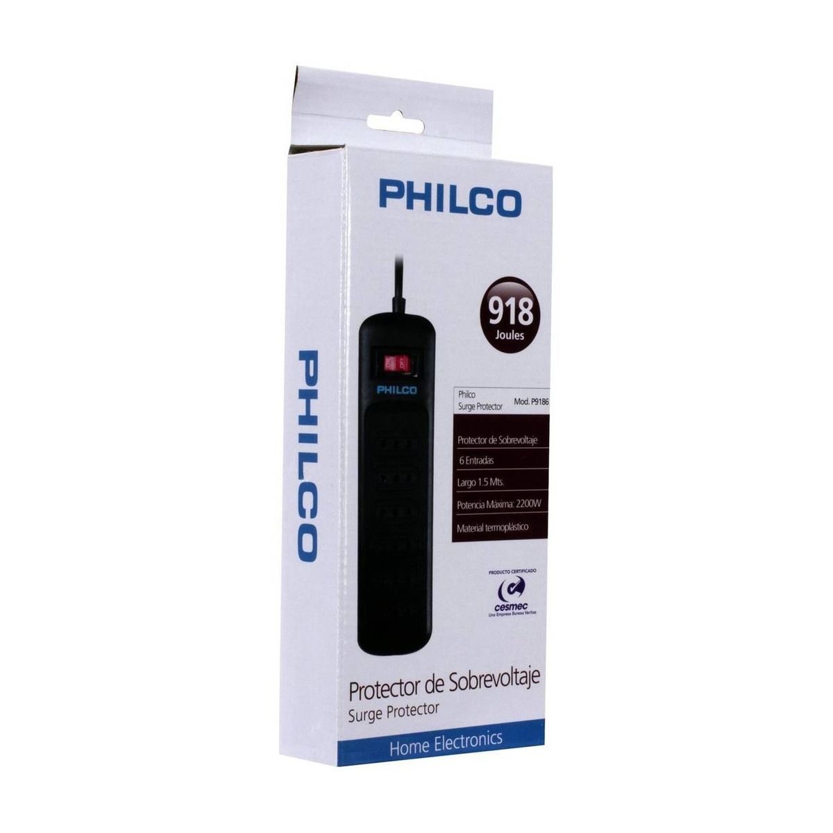 PHILCO - Alargador Protector Sobrevoltaje Philco 918 Joules Negro