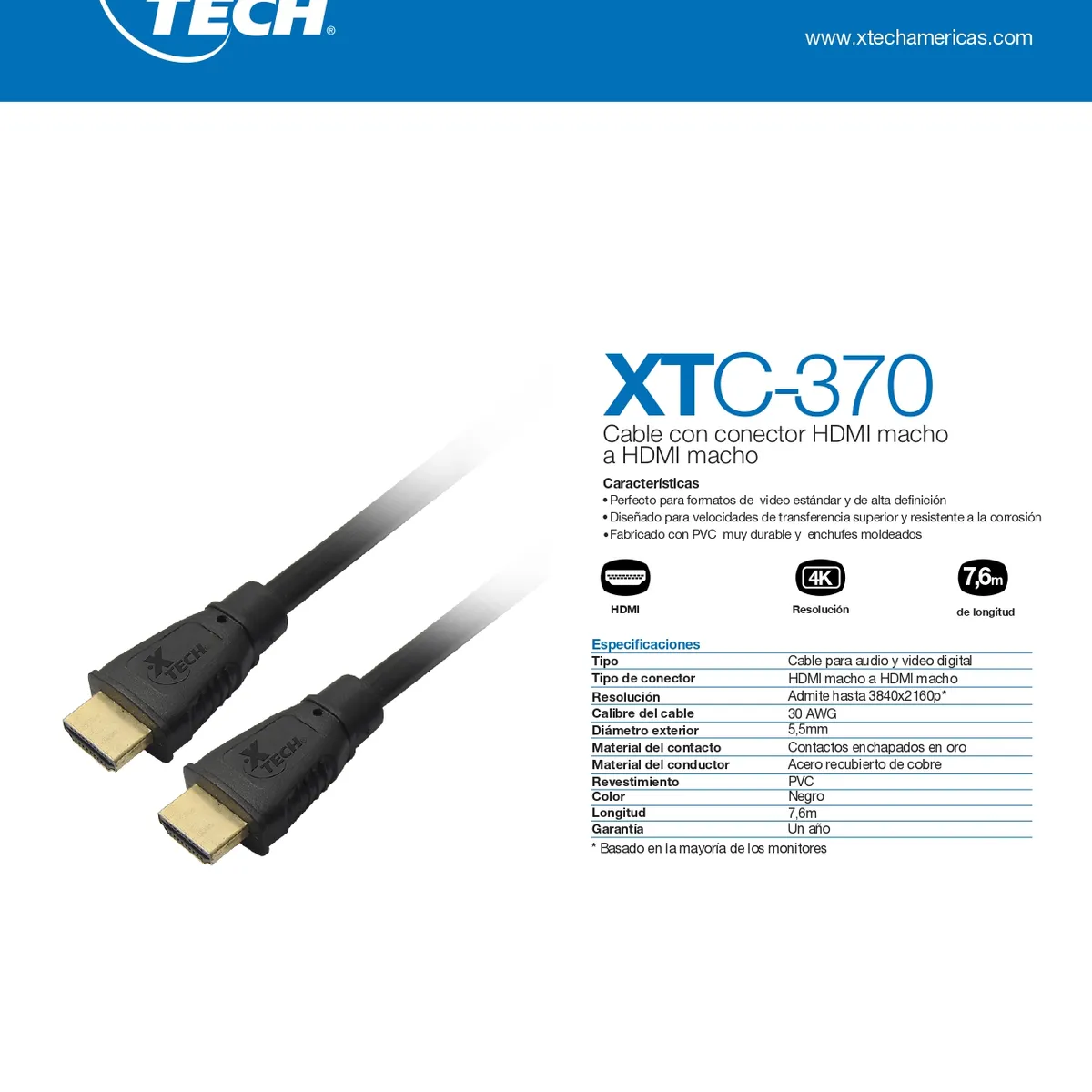 XTECH - Cable HDMI macho/macho Xtech 7,6 metros XTECH