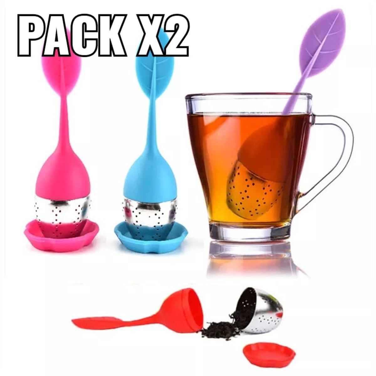 GENERICO - Pack x2 Infusor De Te De Silicona Diseño Hojitas Colores Colador Te