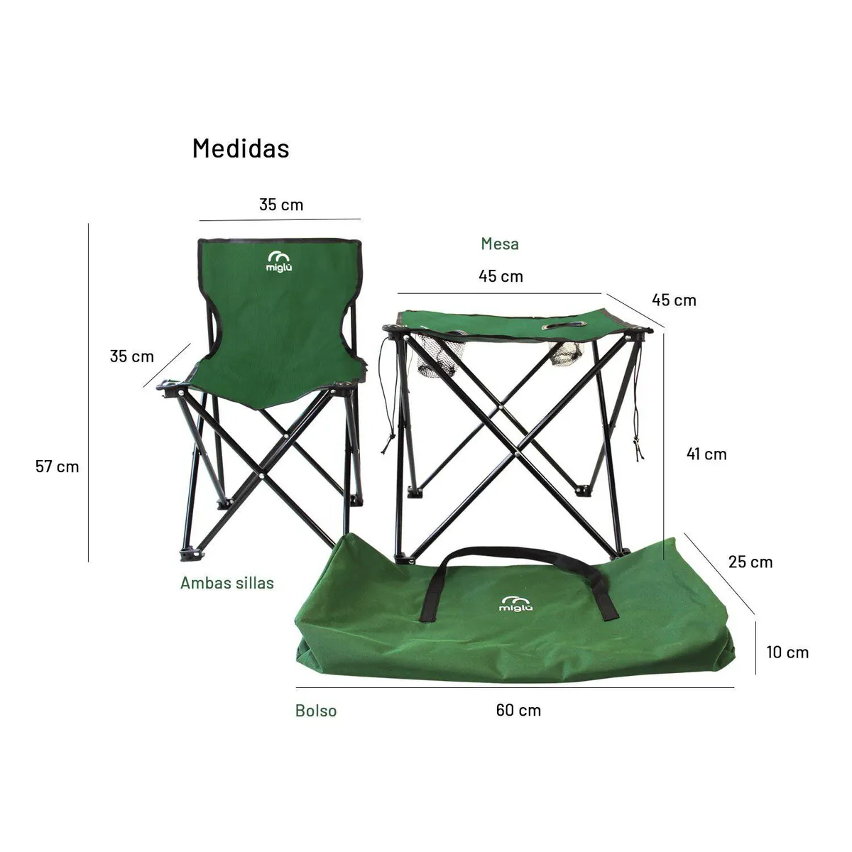 MIGLU - Mesa con 2 sillas plegables verde