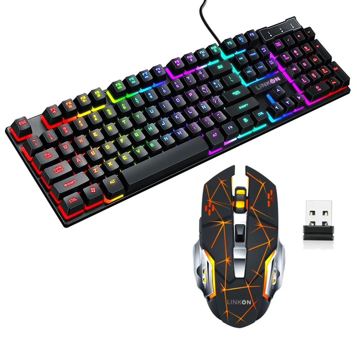 LINKON - Kit Set Gamer Teclado Led + Mouse Inalambrico Usb Recargable - Negro