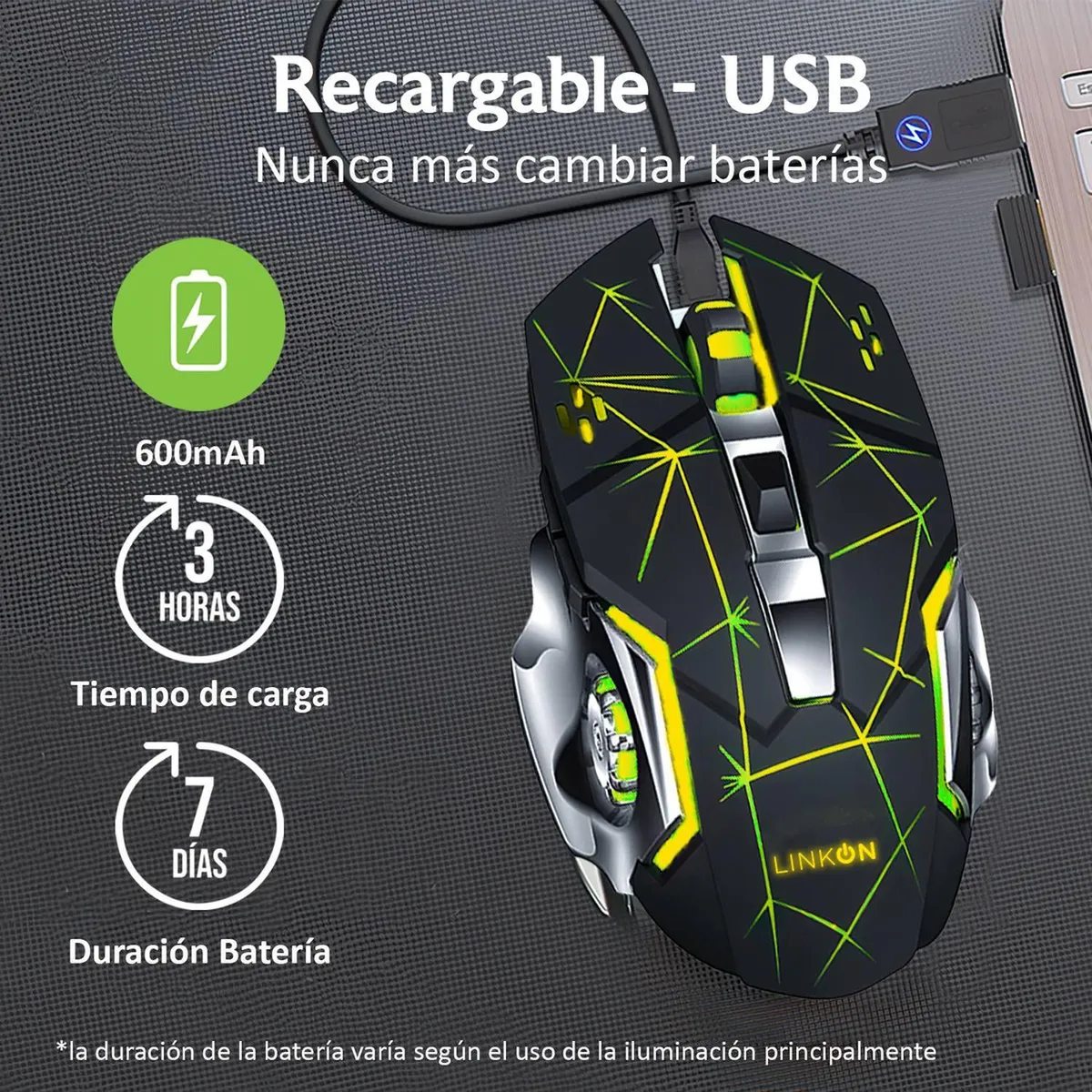 LINKON - Kit Set Gamer Teclado Led + Mouse Inalambrico Usb Recargable - Negro