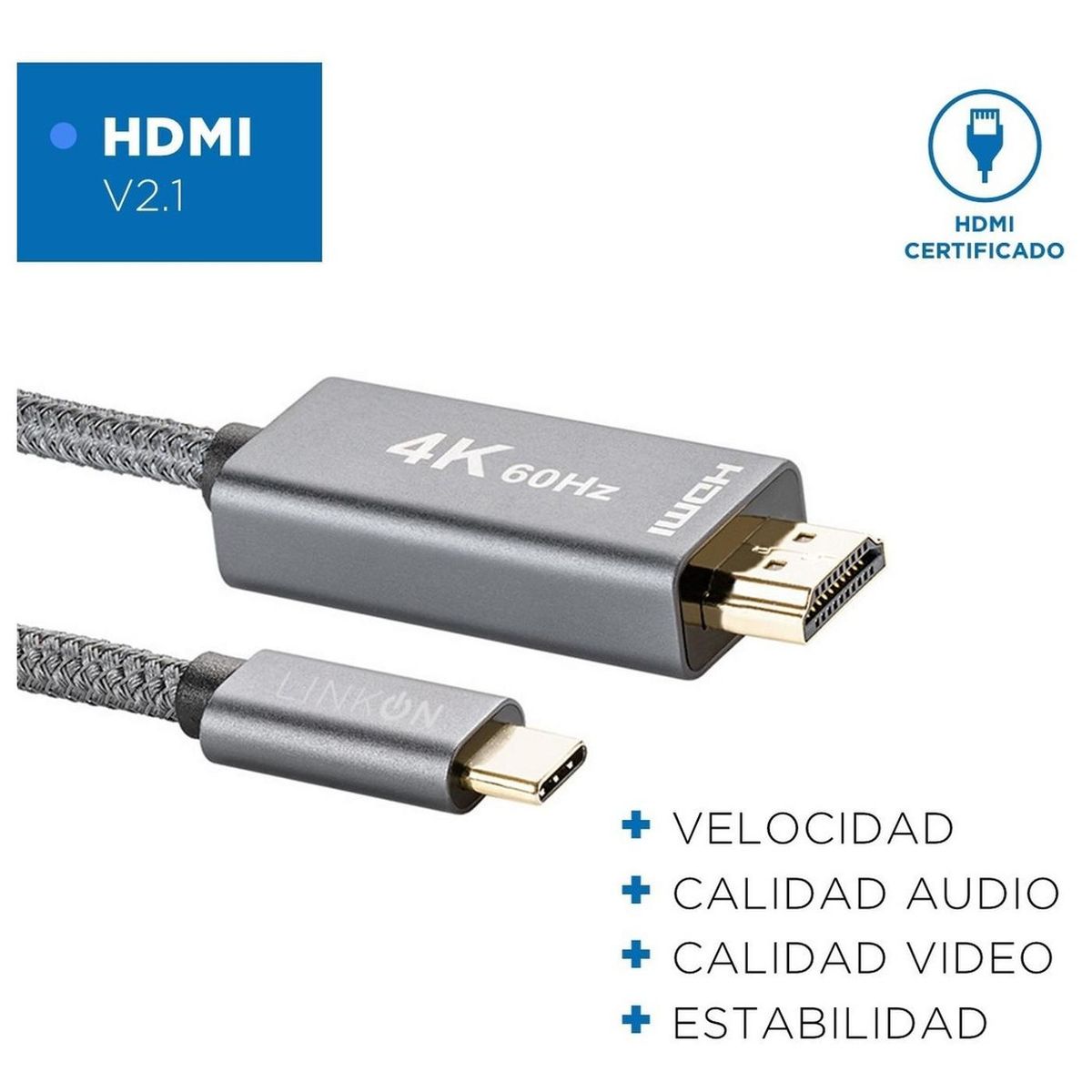 LINKON - Cable Adaptador Usb C A Hdmi V2.1 4k 60hz Trenzado Oro 2mt