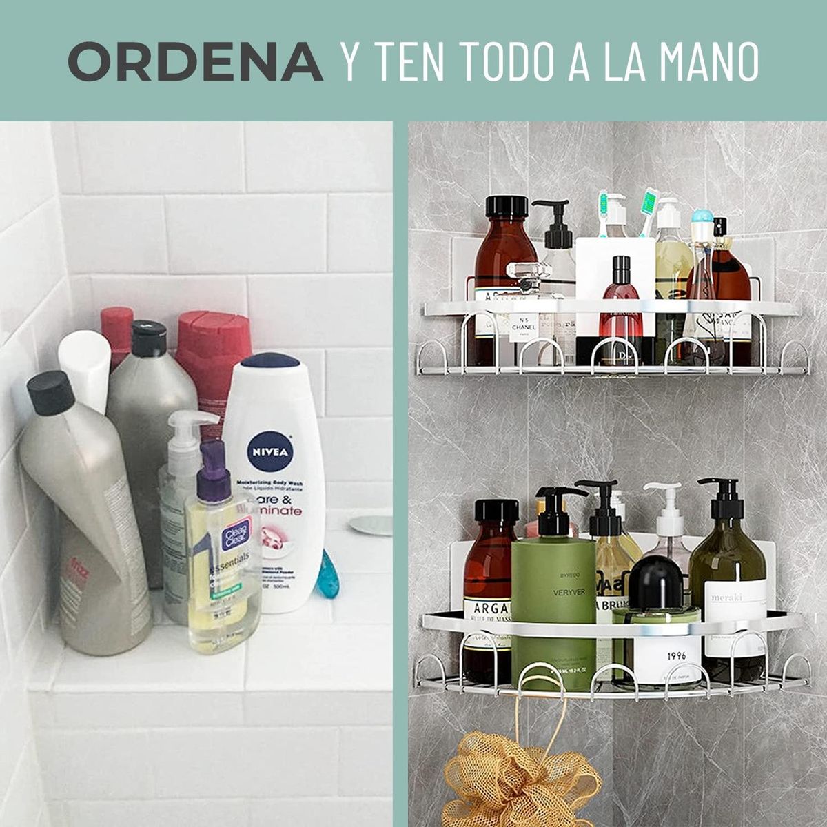 CASATUA - Esquinero Organizador Ducha Baño Adhesivo Set 2 Inoxidable - Plateado