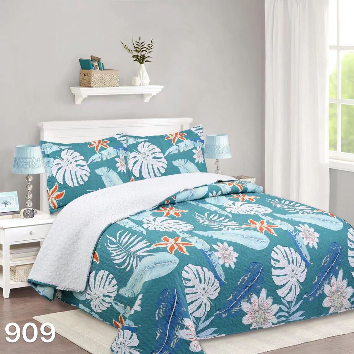 GENERICO - Cubrecama Sherpa 1.5 Plazas - Celeste Hojas M909