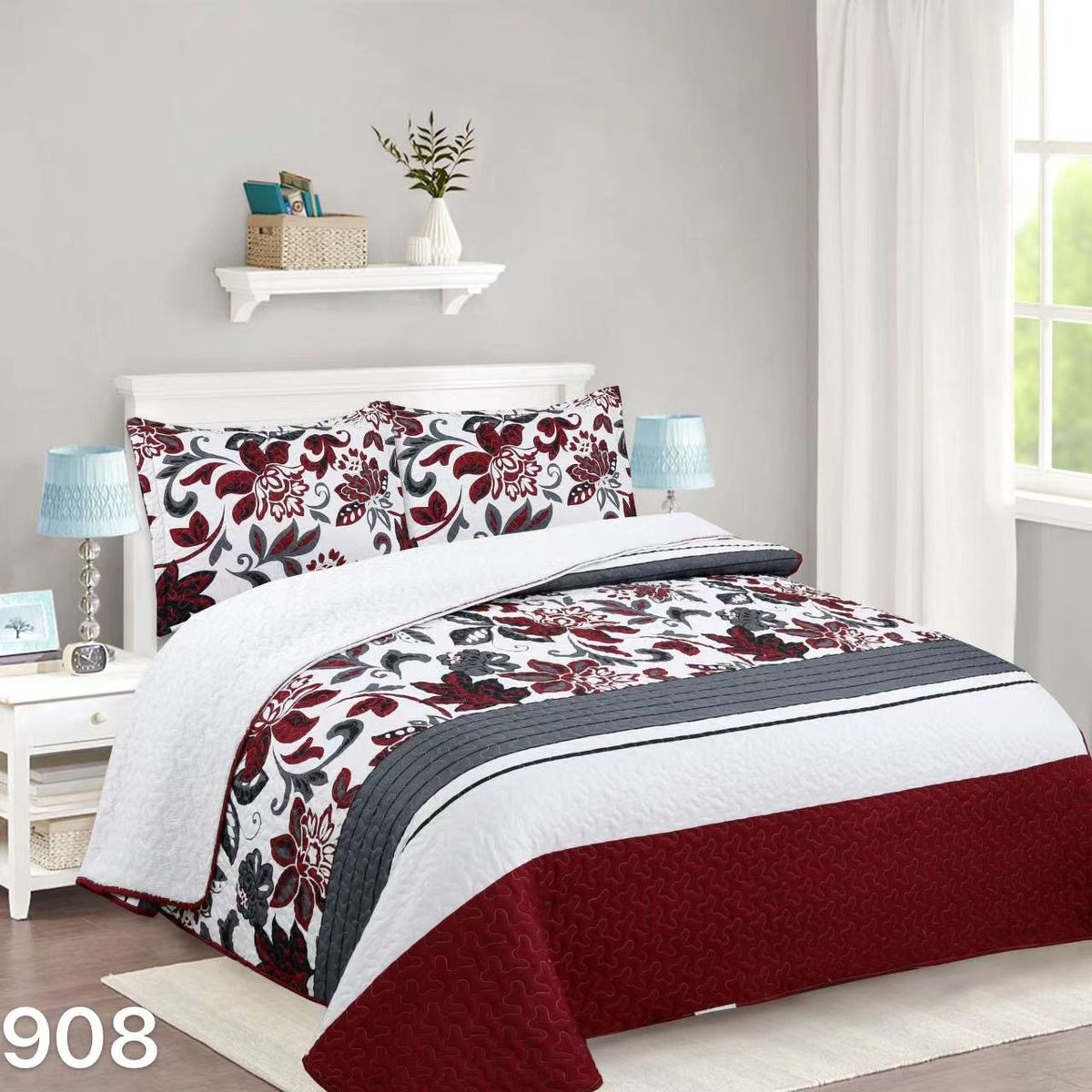 GENERICO - Cubrecama Sherpa 1.5 Plazas - Blanco Burdeo Hojas M908