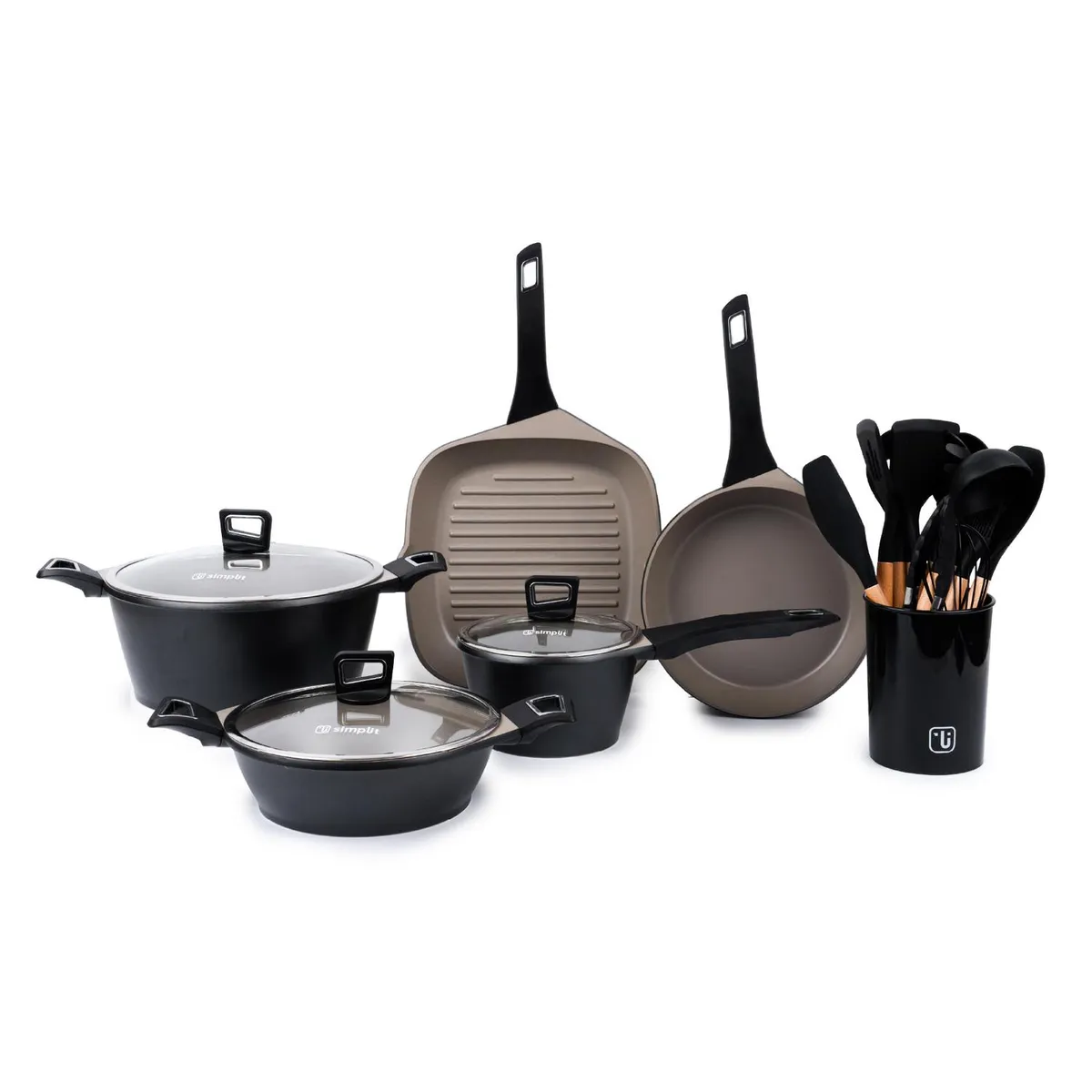 SIMPLIT - Batería Cocina Classic 8 pzs + Set 12 Utensilios Negro