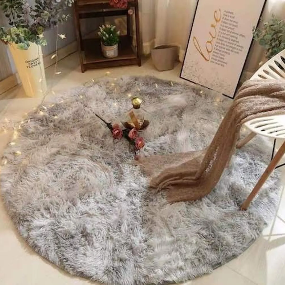 BJ HOGAR - Alfombra Peluda Redonda 1 Metro Gris Claro Jaspeado