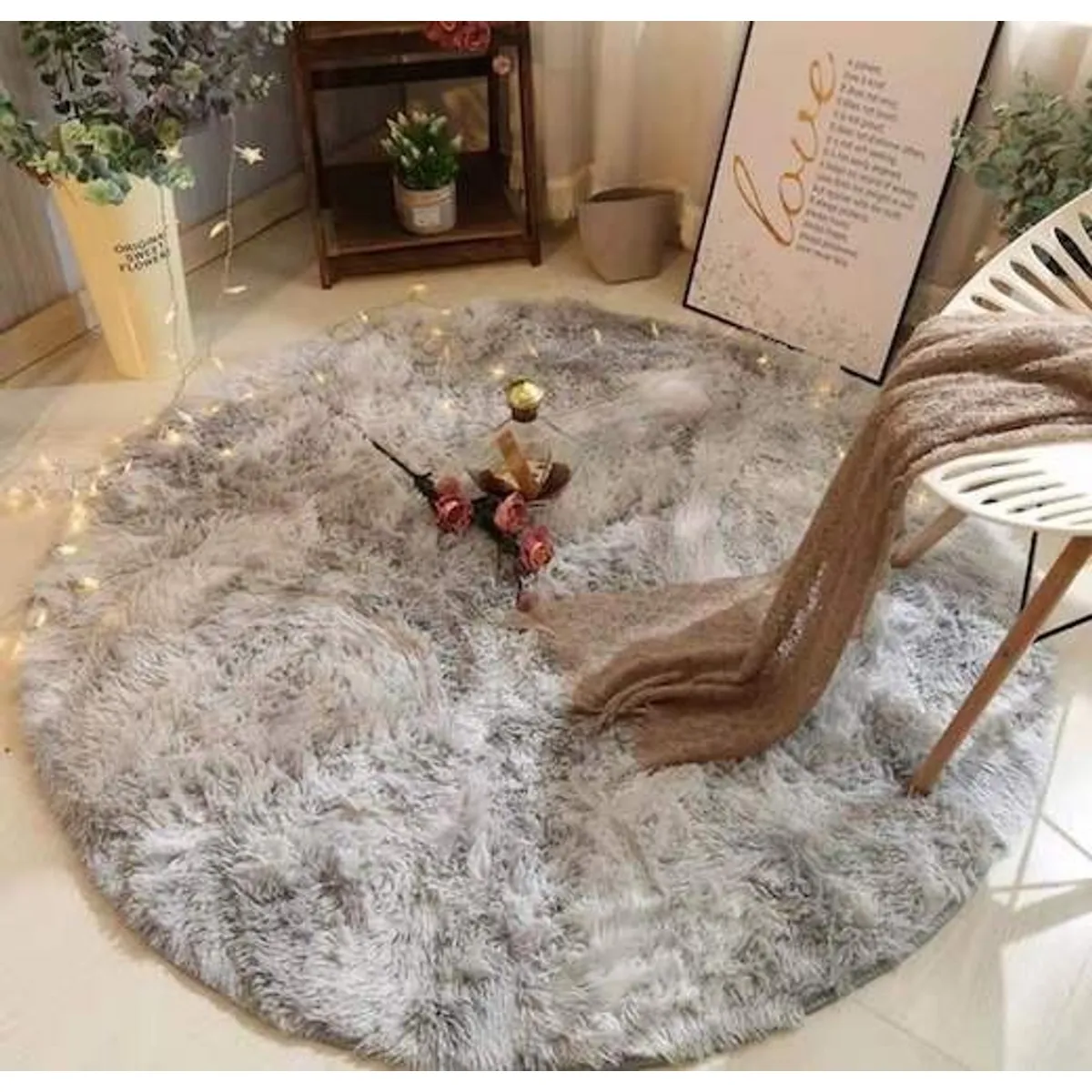 BJ HOGAR - Alfombra Peluda Redonda 1 Metro Gris Claro Jaspeado