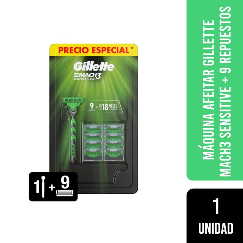 GILLETTE - Máquina Afeitar  Gillette Mach3 Sensitive + 9 Repuestos