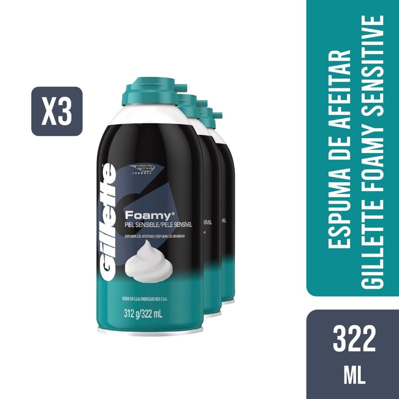 GILLETTE - 3 Espuma de Afeitar Gillette Foamy Sensitive 312g