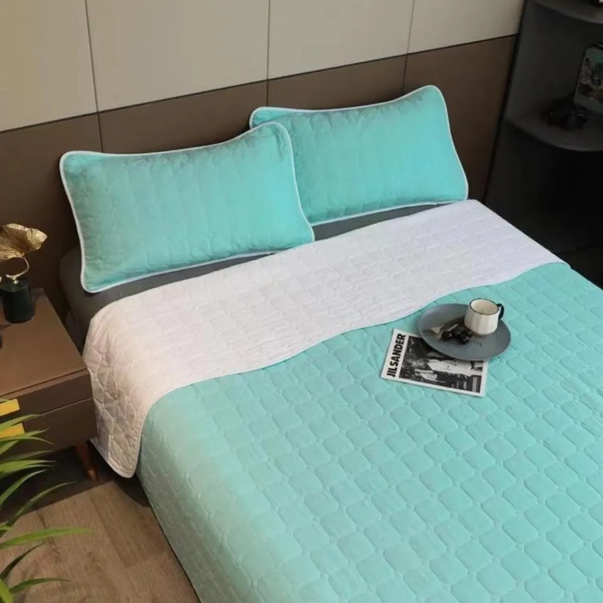 BJ HOGAR - Cubrecama Quilt 2 Plazas Turquesa Blanco Reversible