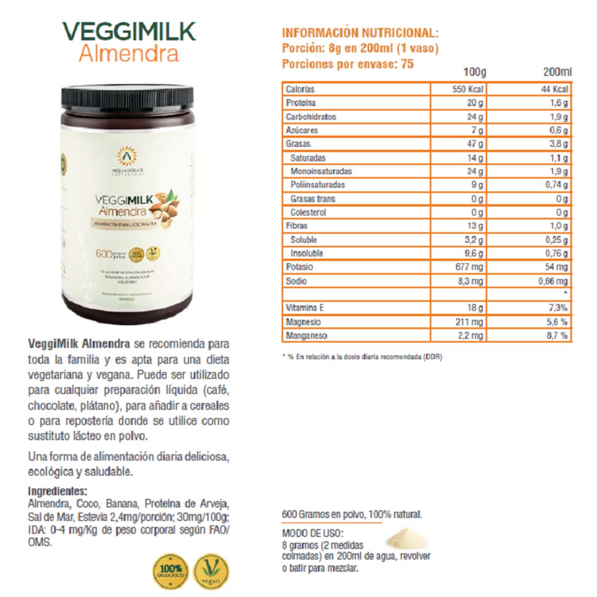 AQUASOLAR - Veggimilk Almendras 2x600 Grs para 30 Litros