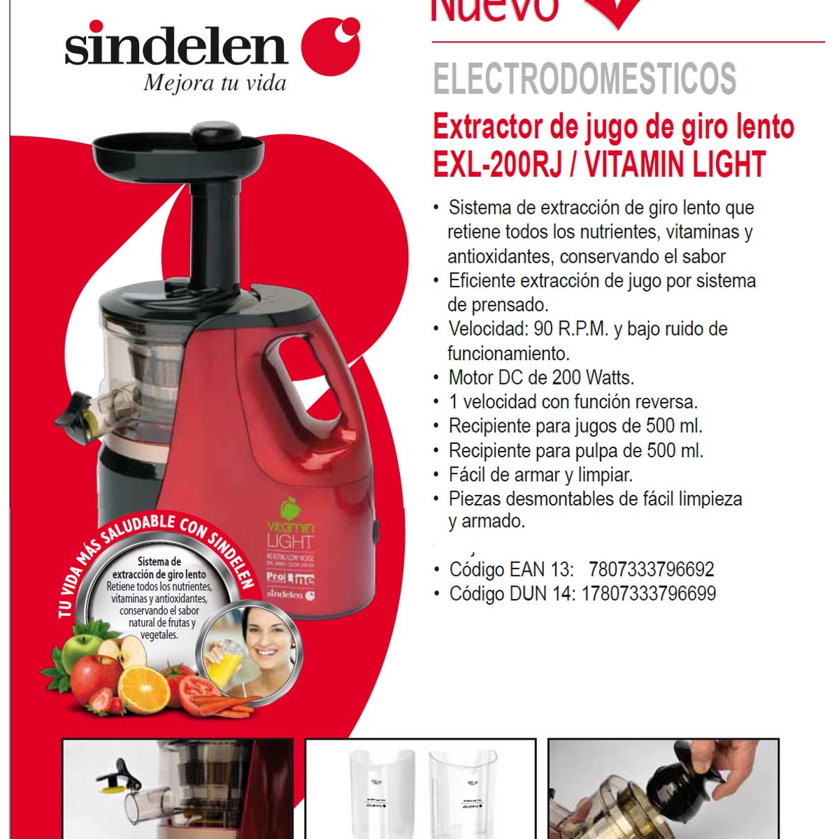 SINDELEN - Extractor de Jugos Lento Prensa en Frio Sindelen EXL-200R…