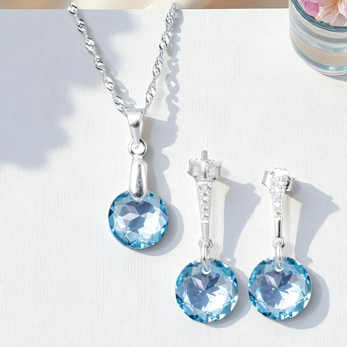 JOYAS MONTERO - Aros + Collar Conjunto Gracia Plata 925 Cristal Genuino Aquamarine