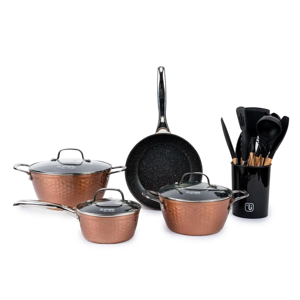 SIMPLIT - Batería Cocina Copper 7pzs + Set 12 Utensilios Negro Simplit