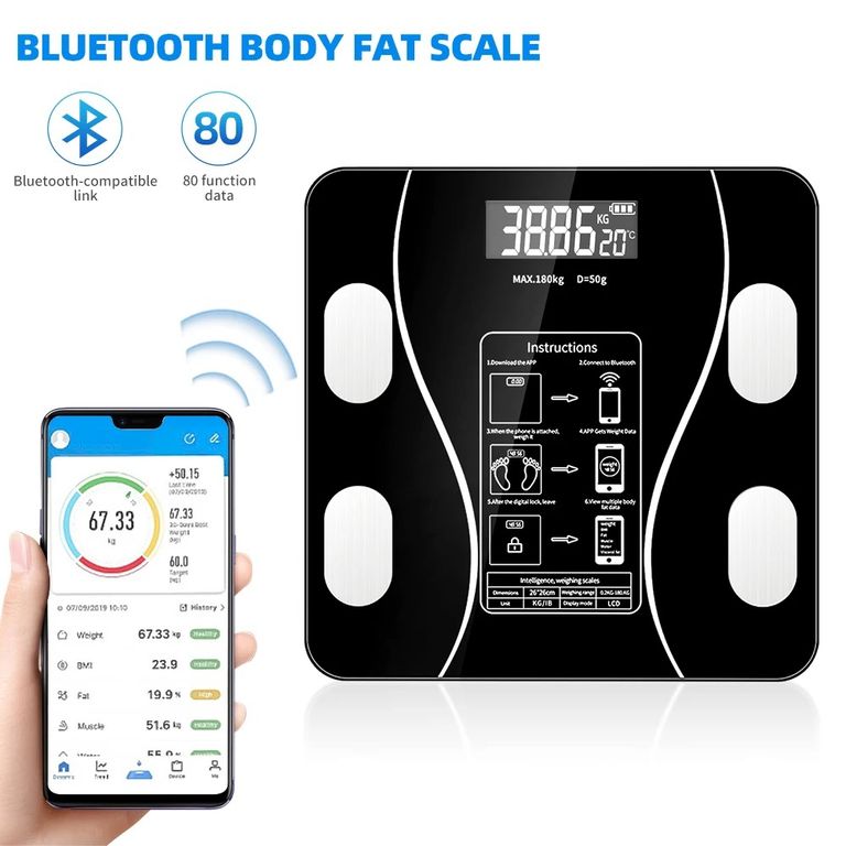 Balanza Smart Bascula pesa digital de bano inteligente Bluetooth 180Kg