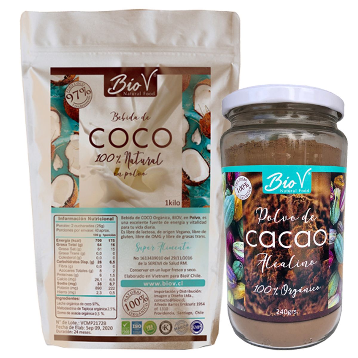 BIOV - Pack Leche de Coco 1kg y Cacao Alcalino 240gr Bio V