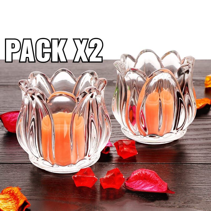 GENERICO - Pack X2 Porta Vela Candelabro Vidrio Diseño Tulipan con Velita