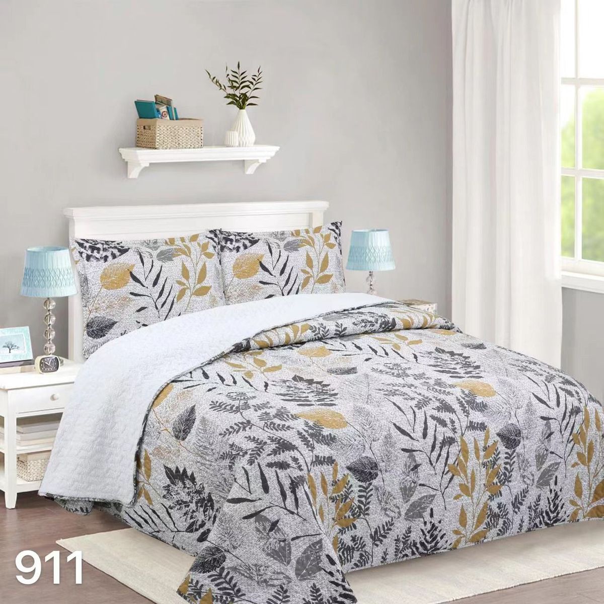 GENERICO - Cubrecama Quilt Sherpa King - Gris Claro Hojas M911