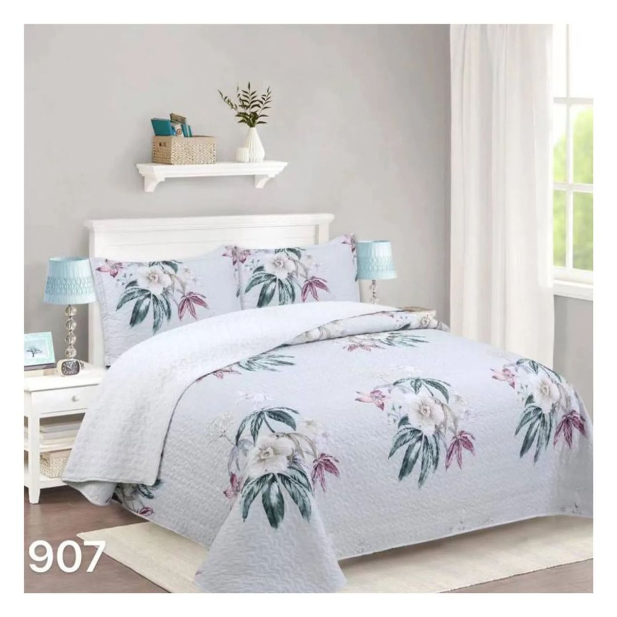 GENERICO - Cubrecama Quilt Sherpa King - Gris Flores M907