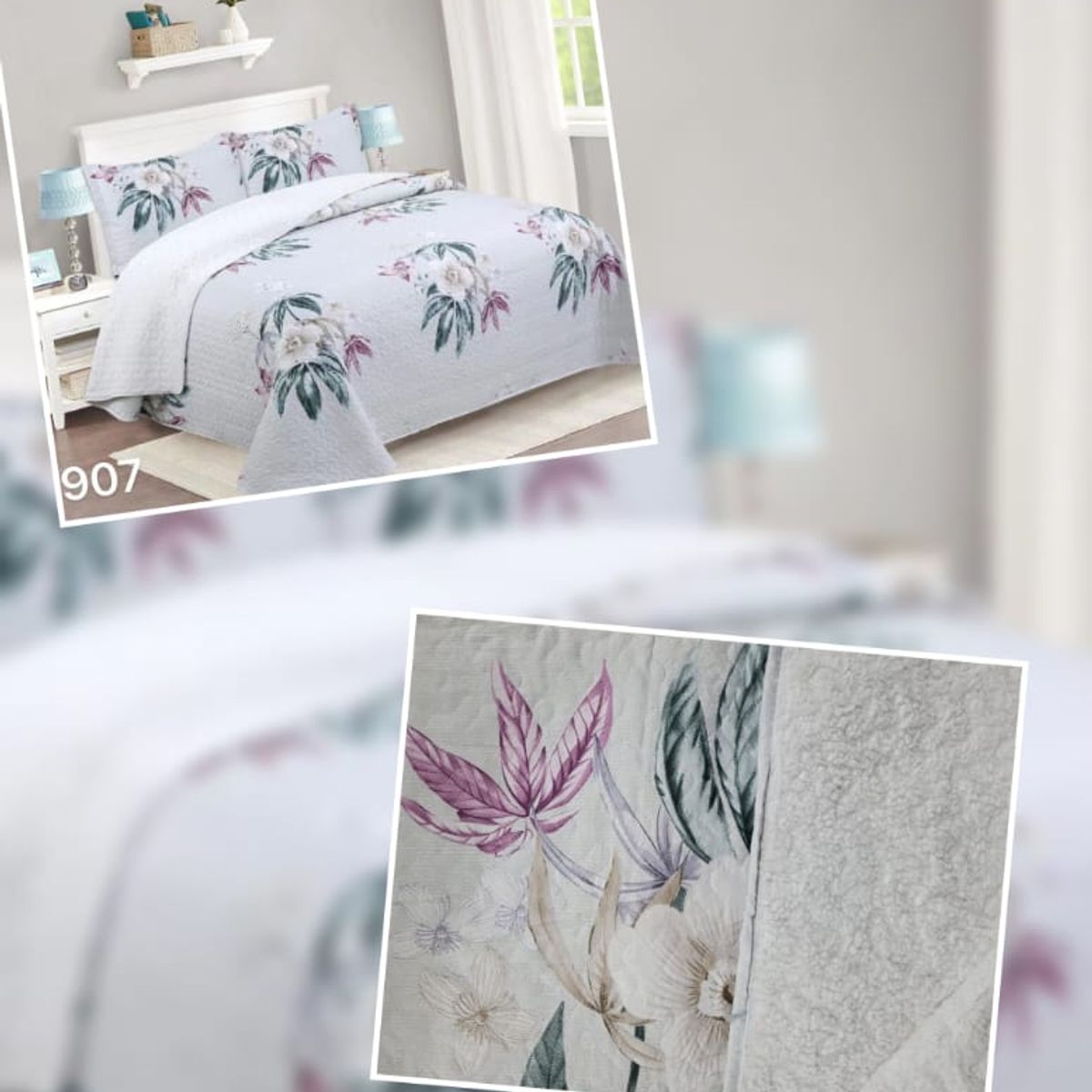 GENERICO - Cubrecama Quilt Sherpa King - Gris Flores M907