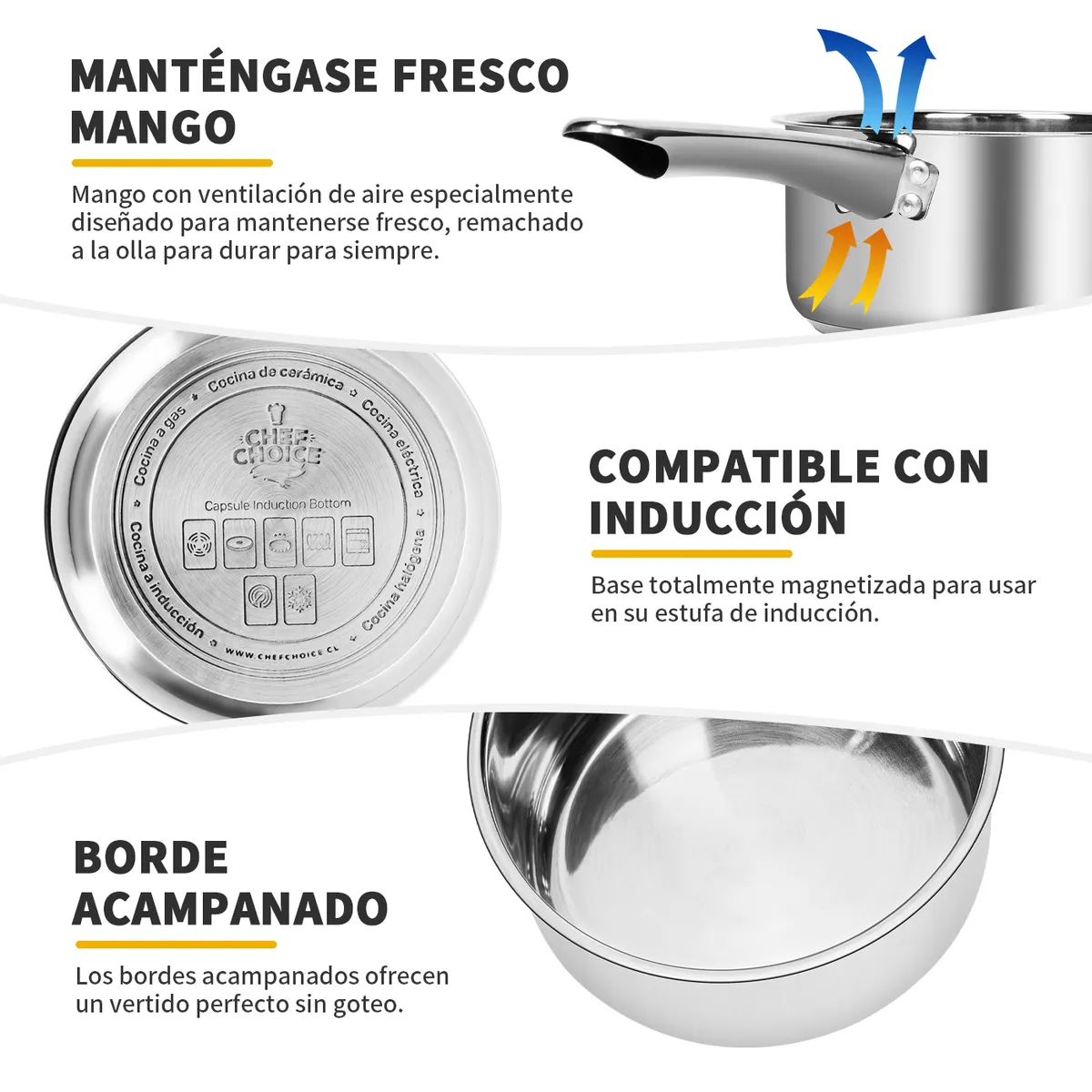 CHEFCHOICE - Bateria Cocina Cacerolas 15 Piezas Juego De Ollas Acero Inoxidable