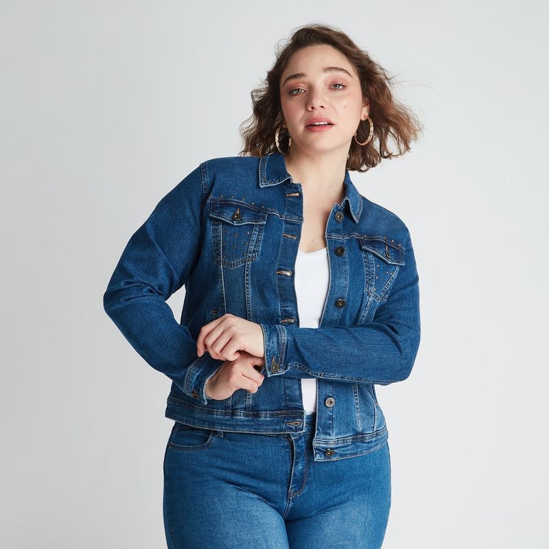 CURVI - Chaqueta Mezclilla Con Aplicación De Tachas Mujer Curvi