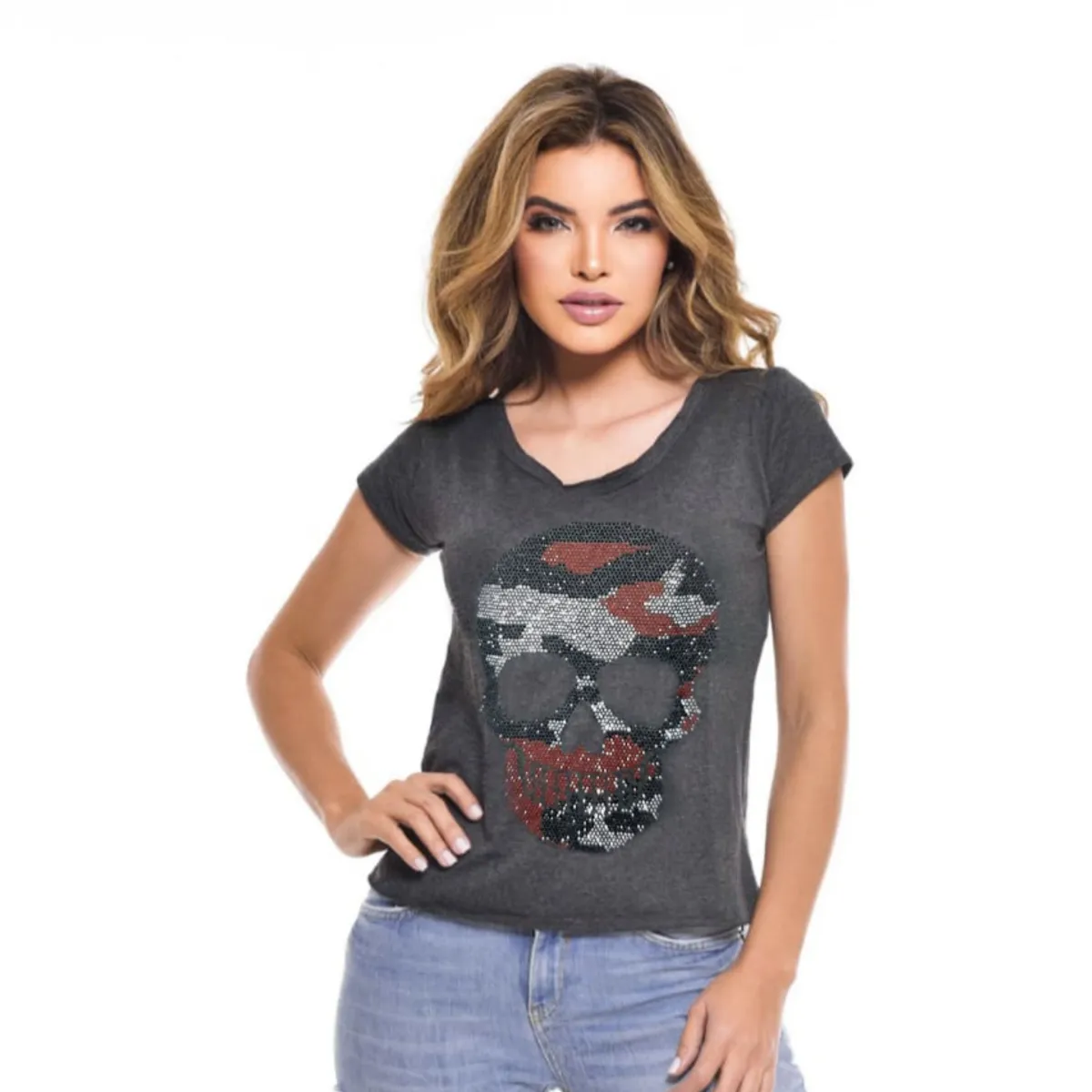 ROCK CAVIAR - POLERA MC PEDRERIA SKULL COMMAND GRAY RC-9