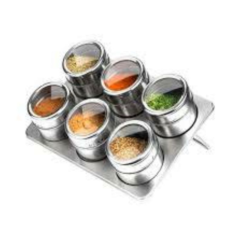 UNIVERSAL - SET ESPECIERO RECTÁNGULO 6 POTES ACERO INOXIDABLE  CON BASE IMÁN