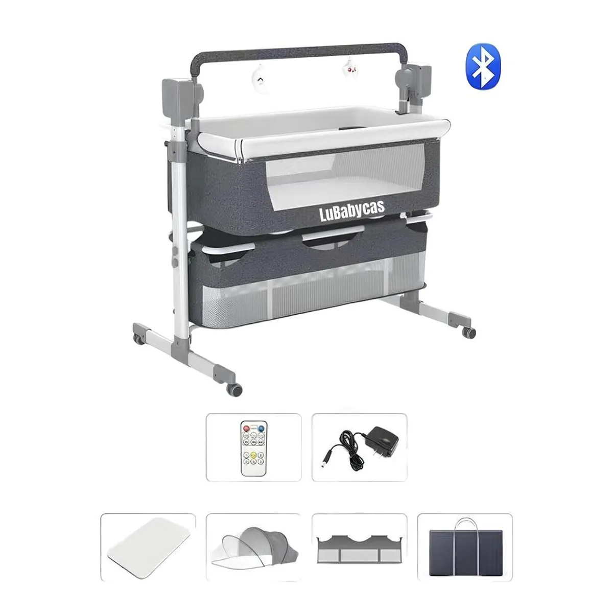 LUBABYCAS - Cuna Colecho Mecedora Eléctrica Gris Lubabycas