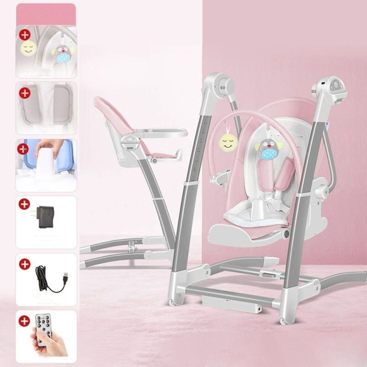 LUBABYCAS - Silla De Comer Y Columpio Mecedor Lujoso Lubabycas Rosada