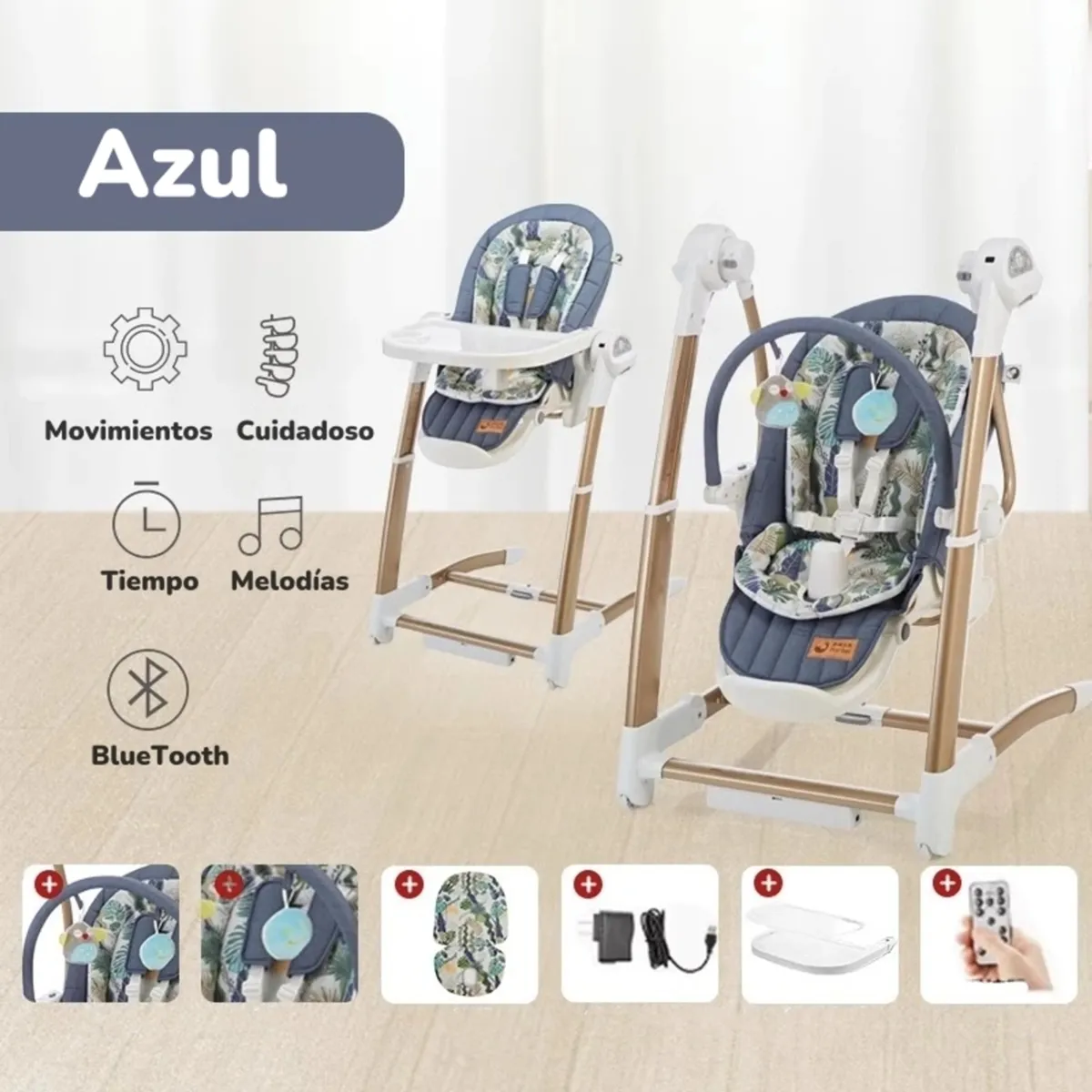 LUBABYCAS - Silla De Comer Y Columpio Mecedor Lujoso Lubabycas Azul