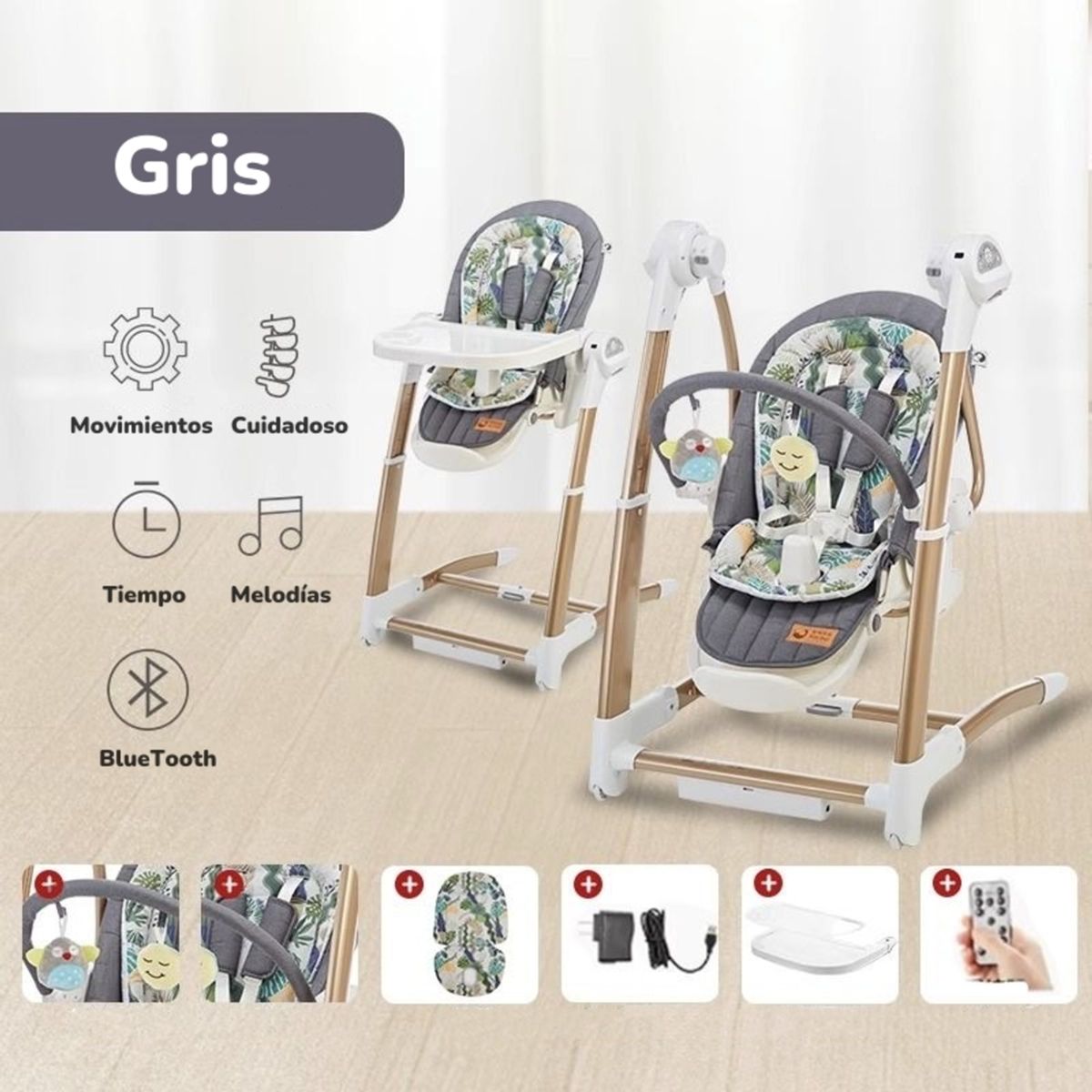 LUBABYCAS - Silla De Comer Y Columpio Mecedor Lujoso Lubabycas Gris