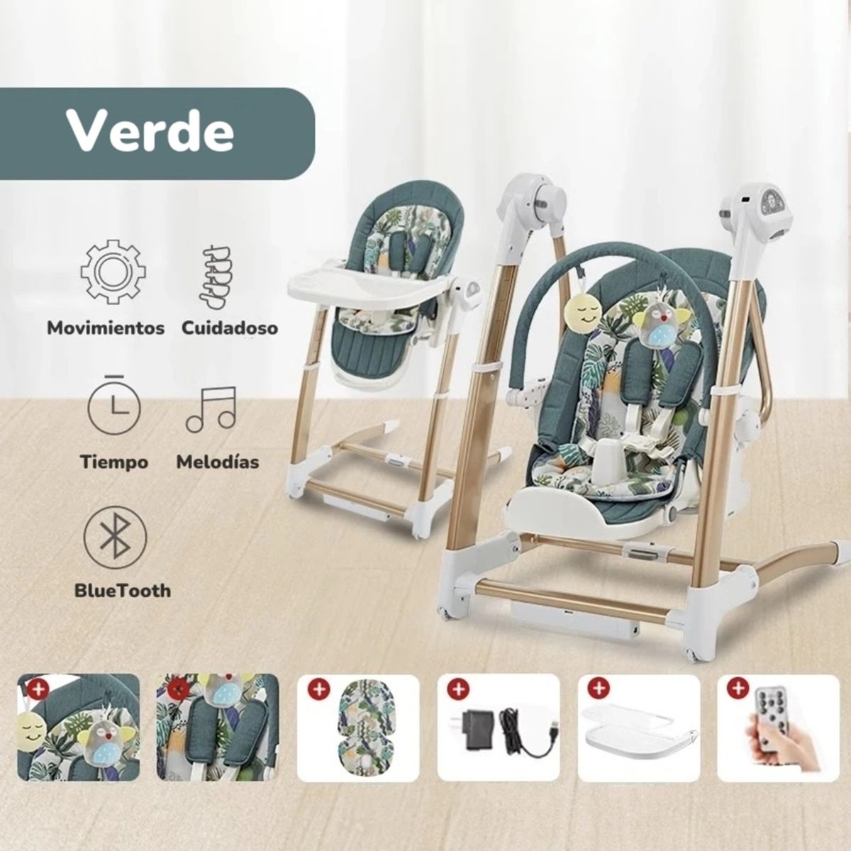 LUBABYCAS - Silla De Comer Y Columpio Mecedor Lujoso Lubabycas Verde