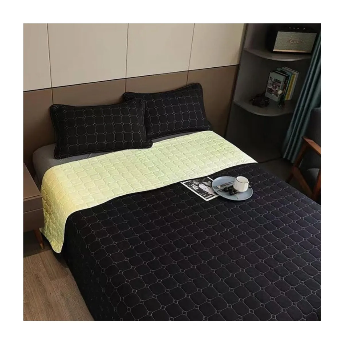 BJ HOGAR - Cubrecama Quilt Negro Amarillo Reversible King