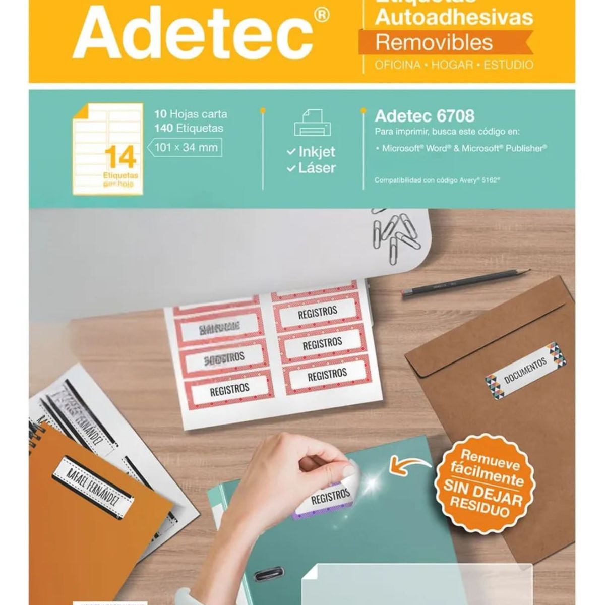 ADETEC - Etiquetas Removibles Con Adhesivo 101x34 mm X 10 Hojas