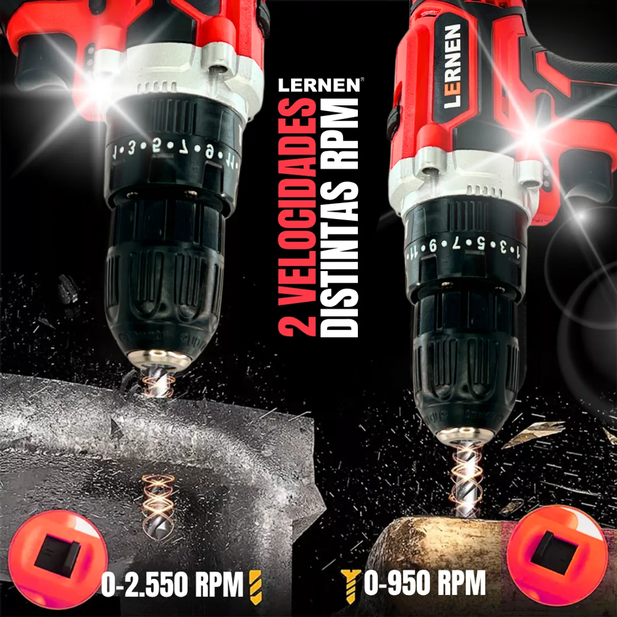 LERNEN - Taladro Percutor Destornillador Inalámbrico 21v + 2 Baterías