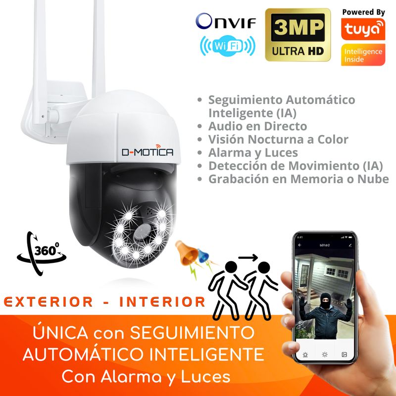 D MOTICA - Cámara Seguridad Wifi Inteligente 3MP Ultra Hd Motorizada Exterior