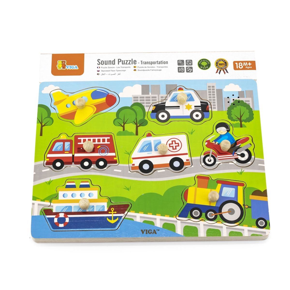 VIGA - Juguete Madera Puzzle Sonido Transporte 7 Pz