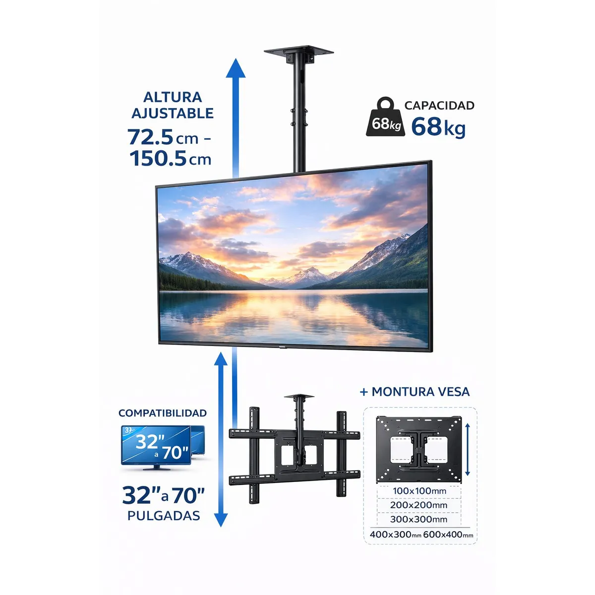 IRM - Soporte tv de techo ajustable e inclinable 32-70 pulgadas 68kg brazo pantallas casa r&l group