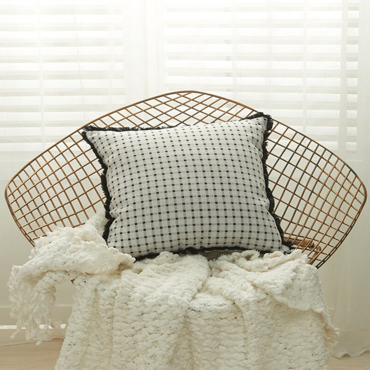 BOHEMIK - Cojín de estilo bohemio Diseño cuadriculado con flecos