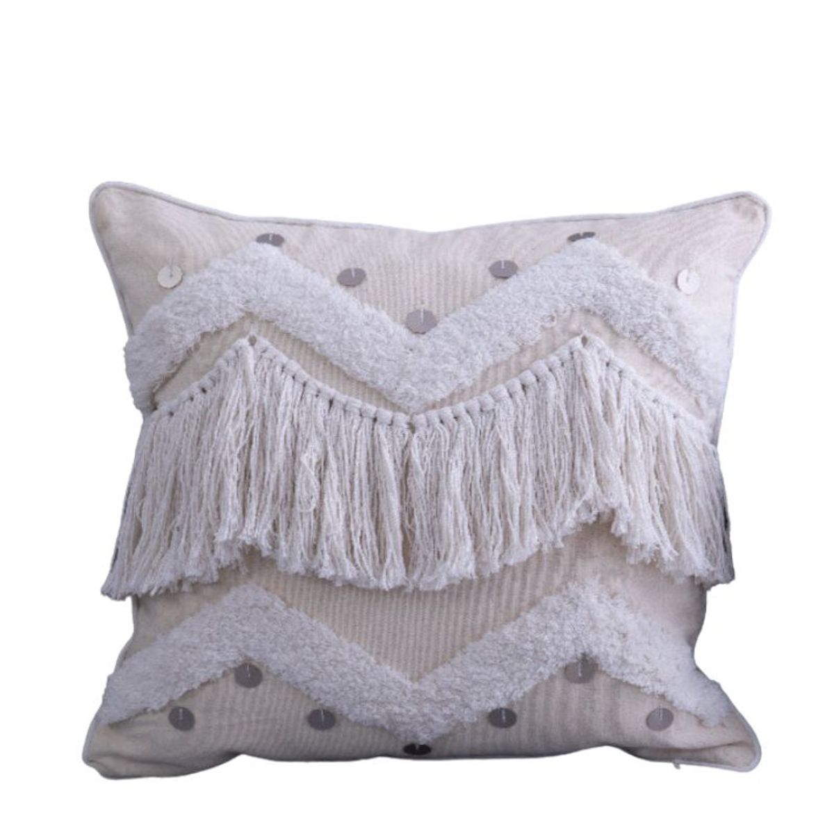 BOHEMIK - Cojín Bordado Geométrico Blanco con Cadena de Borlas