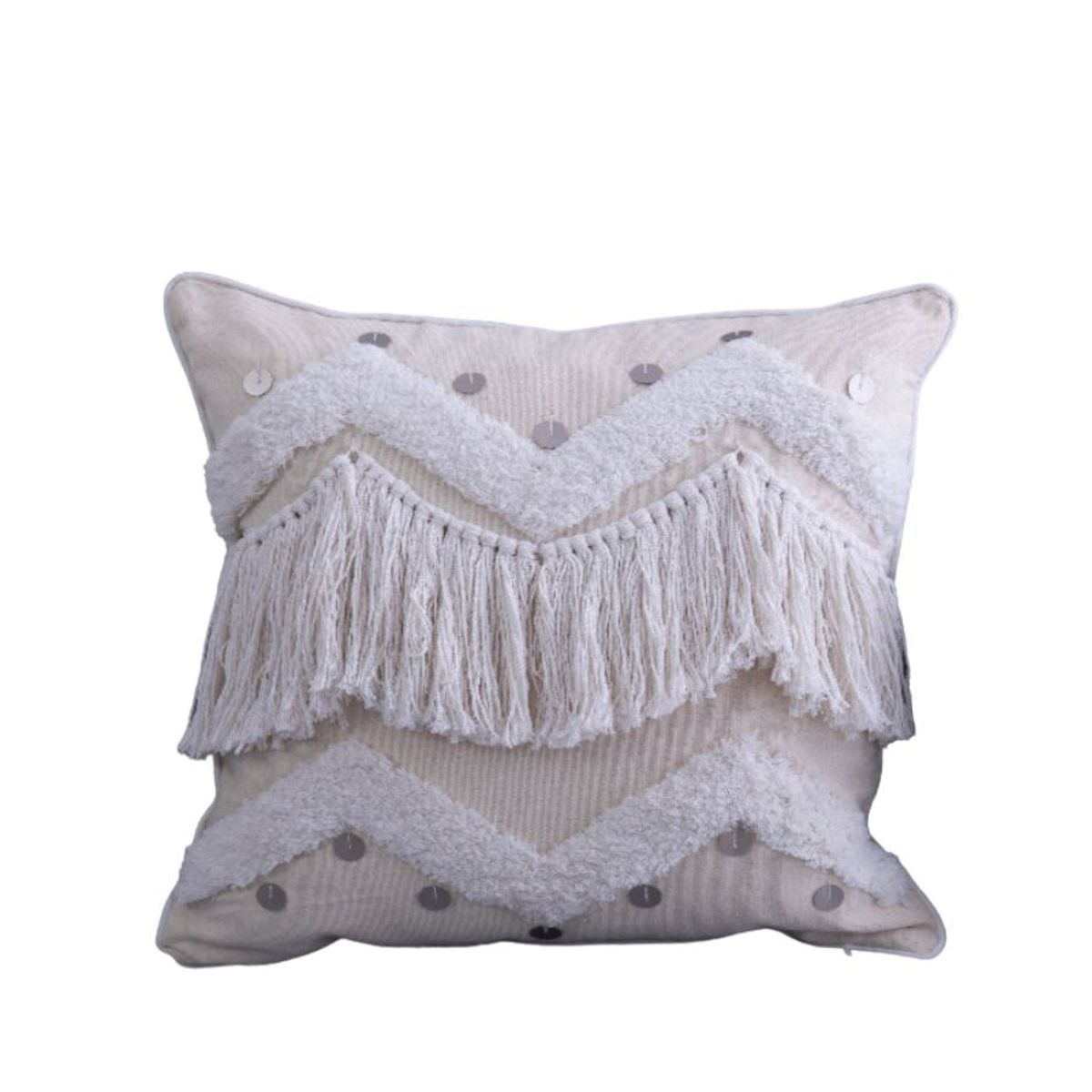 BOHEMIK - Cojín Bordado Geométrico Blanco con Cadena de Borlas