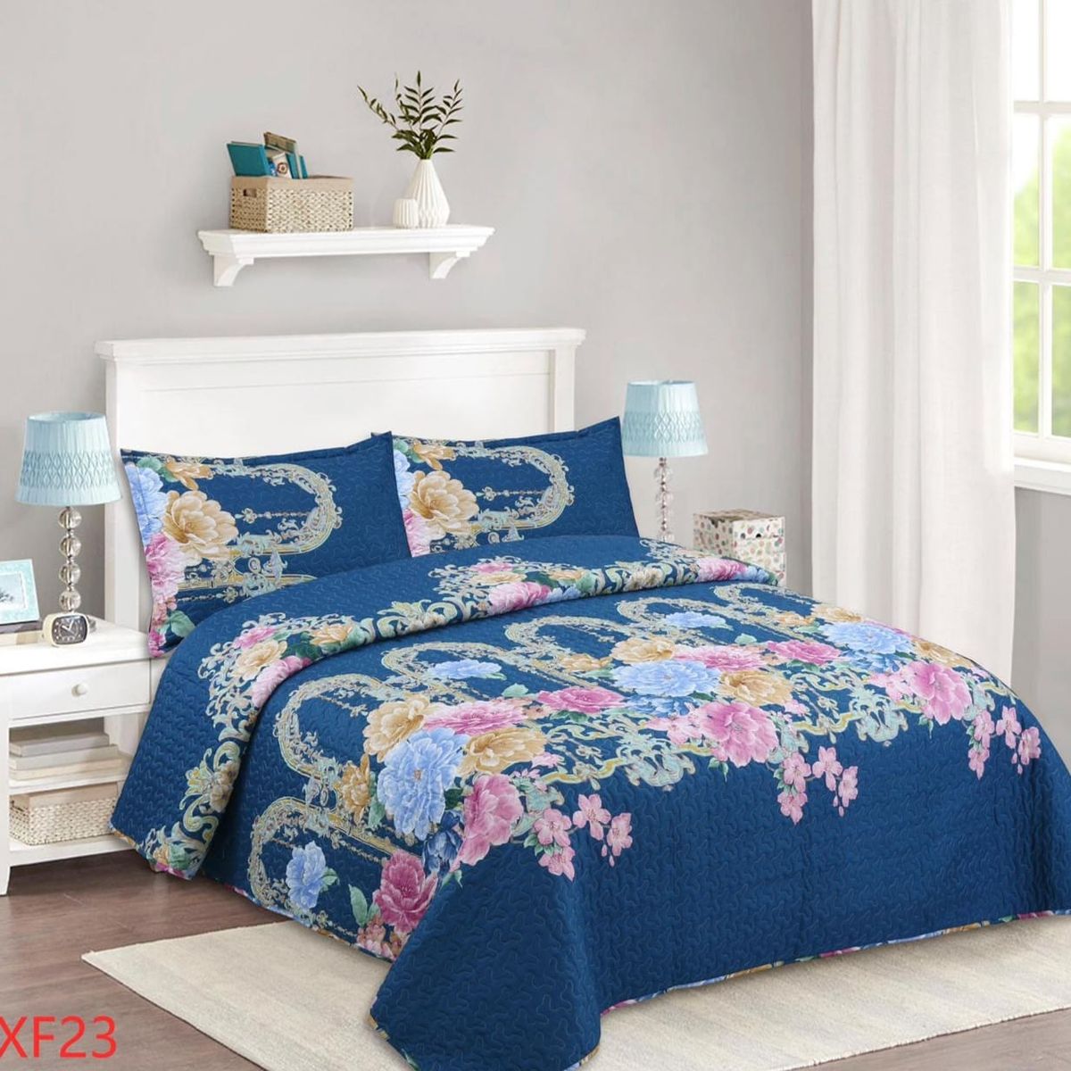 GENERICO - Cubrecama Quilt Verano 2 Plazas - Mundo Flores Azul XF23