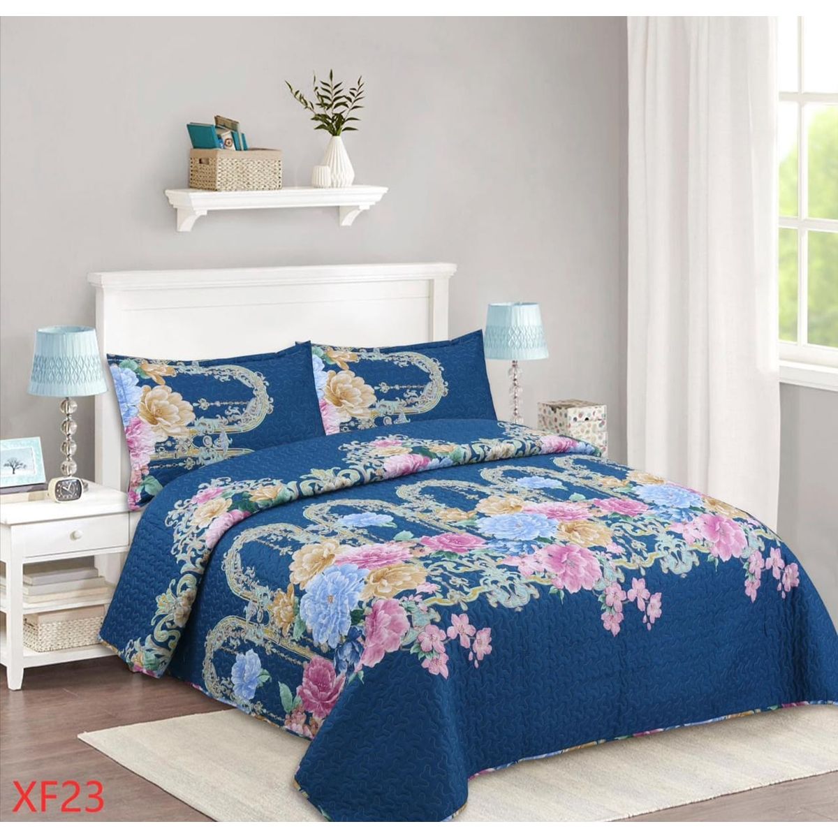 GENERICO - Cubrecama Quilt Verano 2 Plazas - Mundo Flores Azul XF23