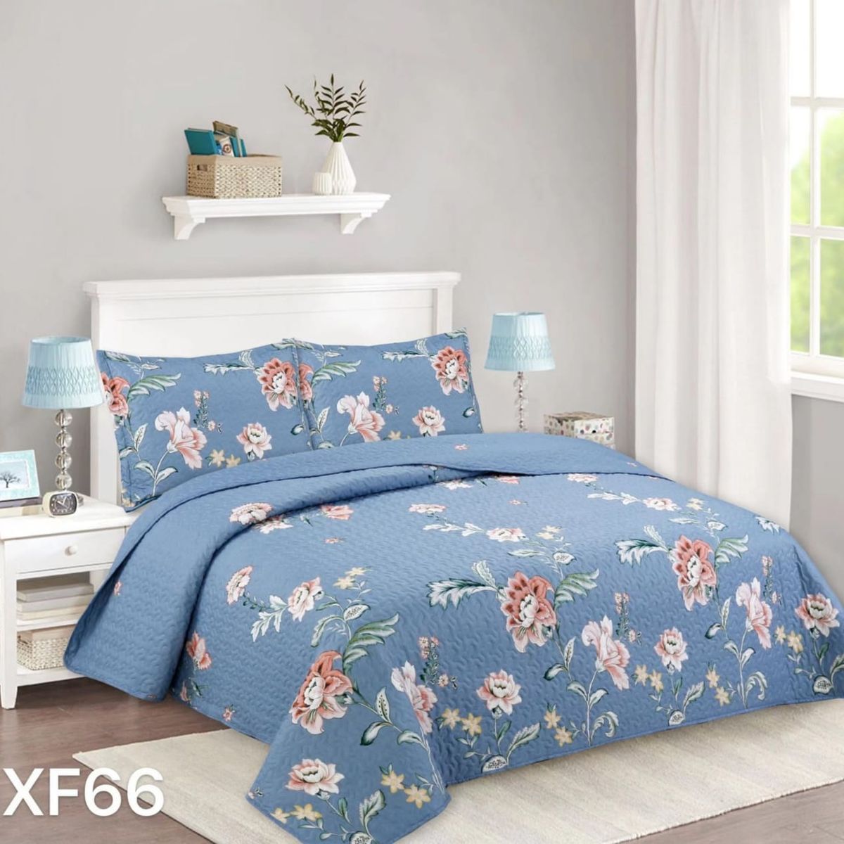 GENERICO - Cubrecama Quilt Verano King - Celeste Oscuro Flores XF66