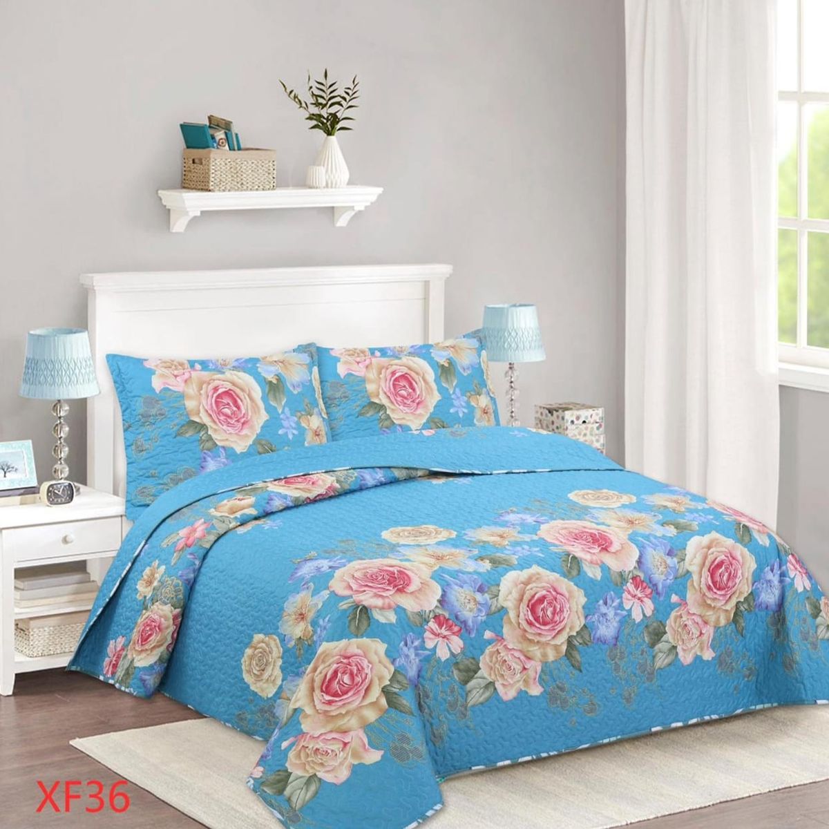 GENERICO - Cubrecama Quilt Verano King - Celeste Flores Doradas XF36