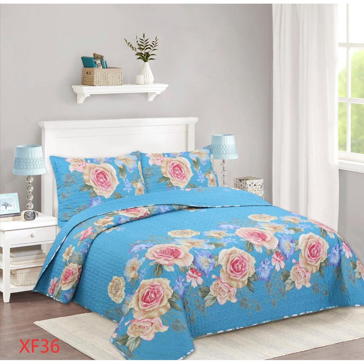 GENERICO - Cubrecama Quilt Verano King - Celeste Flores Doradas XF36